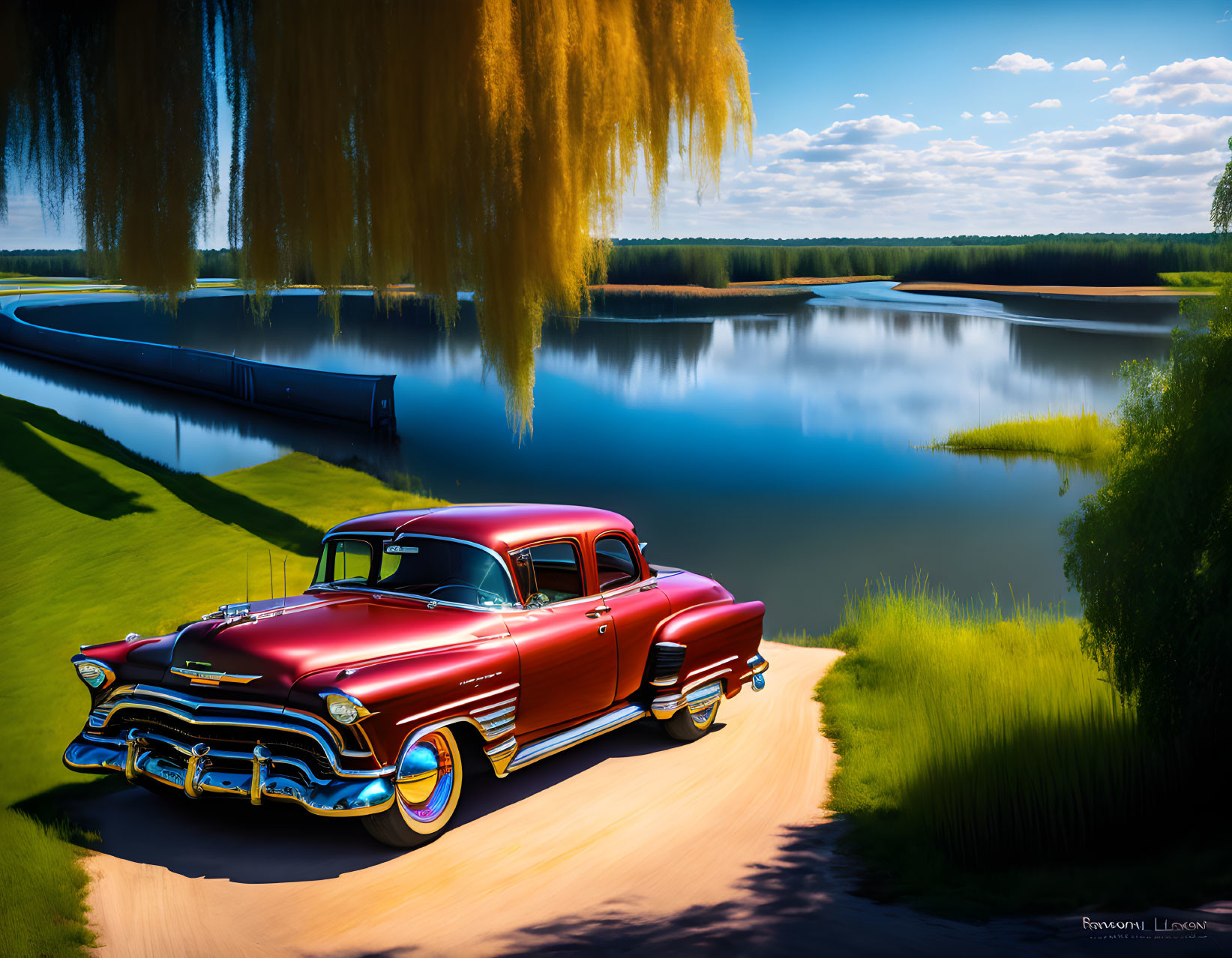 Vintage red car on serene lakeside road with willow trees and blue skies