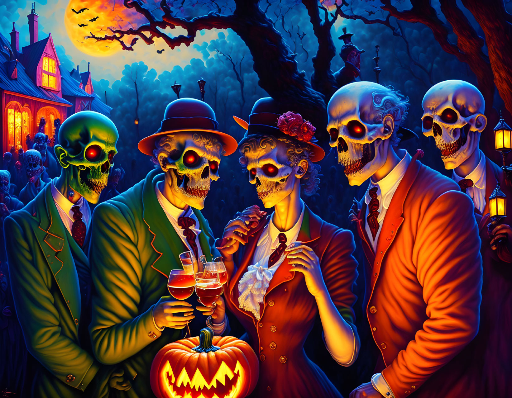 Colorful Skeletons Toasting at Halloween Party Under Full Moon