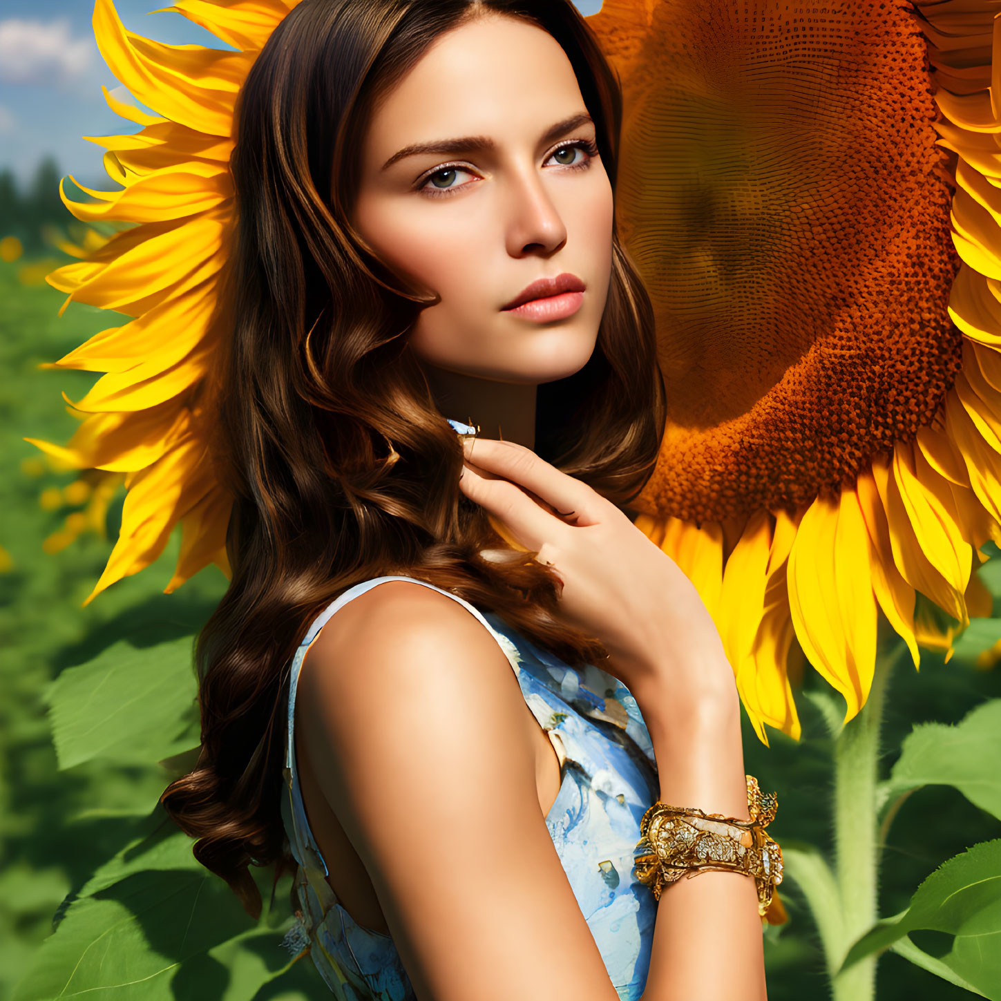 Brown-haired woman in blue floral dress next to sunflower under clear blue sky