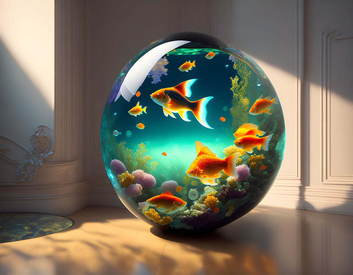 Sunlit fishbowl with goldfish and coral: a captivating blend of aquatic life and home interior