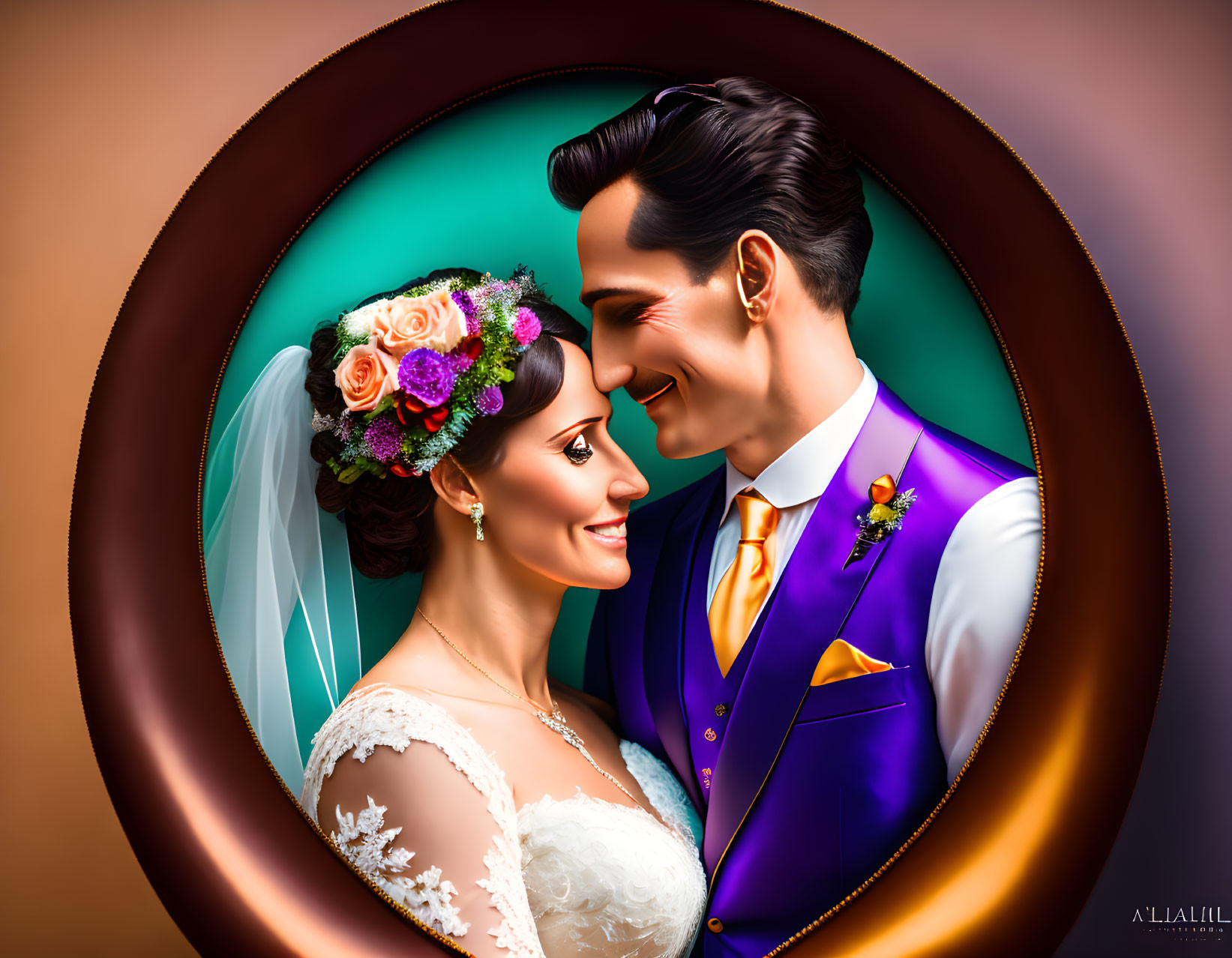 Illustration of bride and groom in wedding attire with circular border