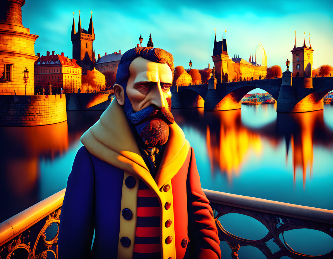 Bearded animated character near bridge and historical buildings