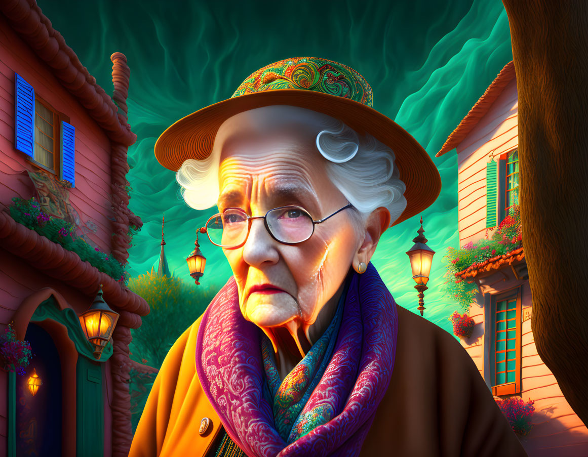 Elderly woman in glasses and hat among whimsical houses at dusk