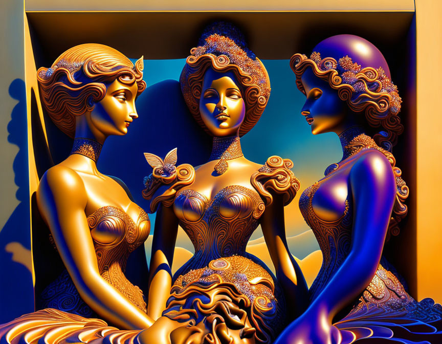 Three stylized metallic female figures with elaborate hairstyles in a surreal, vibrantly colored artwork