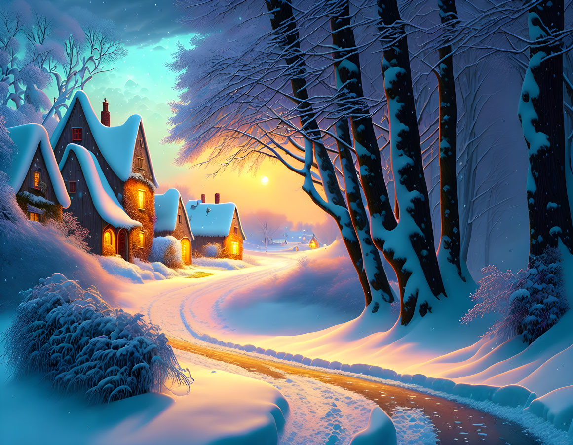 Snowy Dusk Scene: Cozy Houses, Clear Path, Bare Trees, Softly Glowing