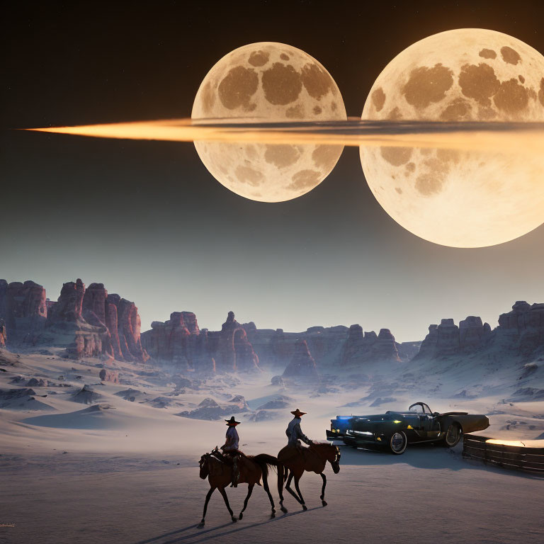 Two people riding horses in snowy landscape with vintage car, two moons, shooting star