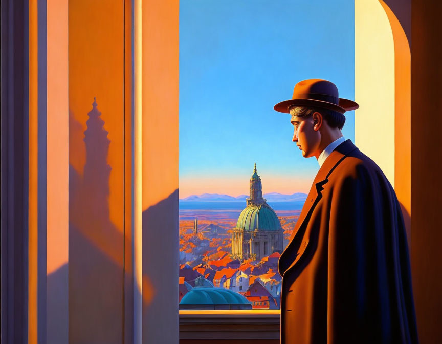 Man in suit and hat gazes at cityscape with domed buildings at sunset from high vantage