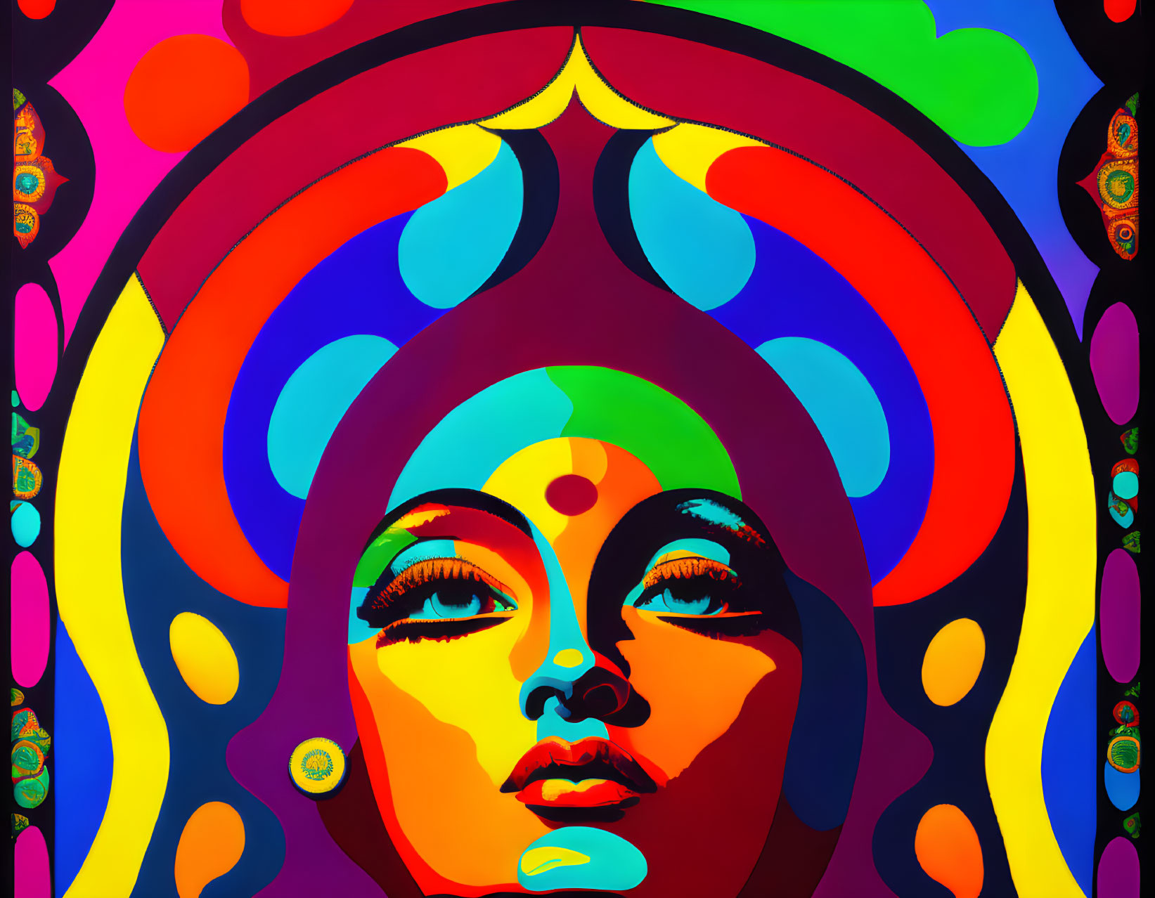 Colorful Abstract Artwork: Stylized Female Face with Psychedelic Patterns