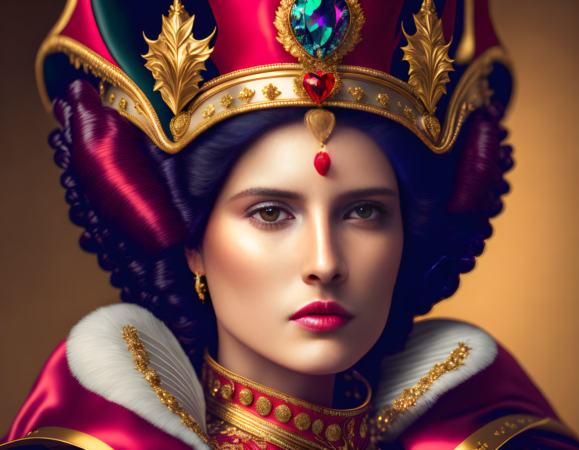 Regal woman with jeweled crown and red attire