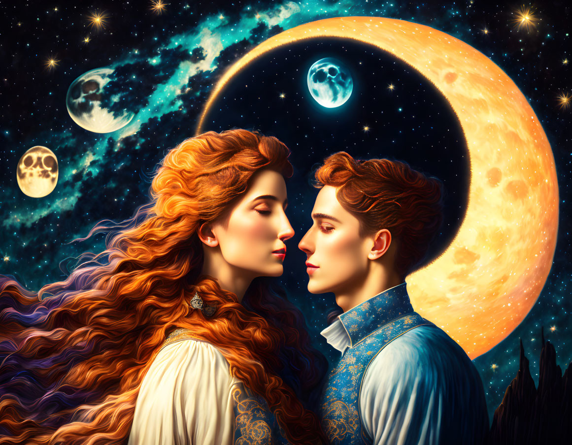 Man and woman touching foreheads under crescent moon and stars