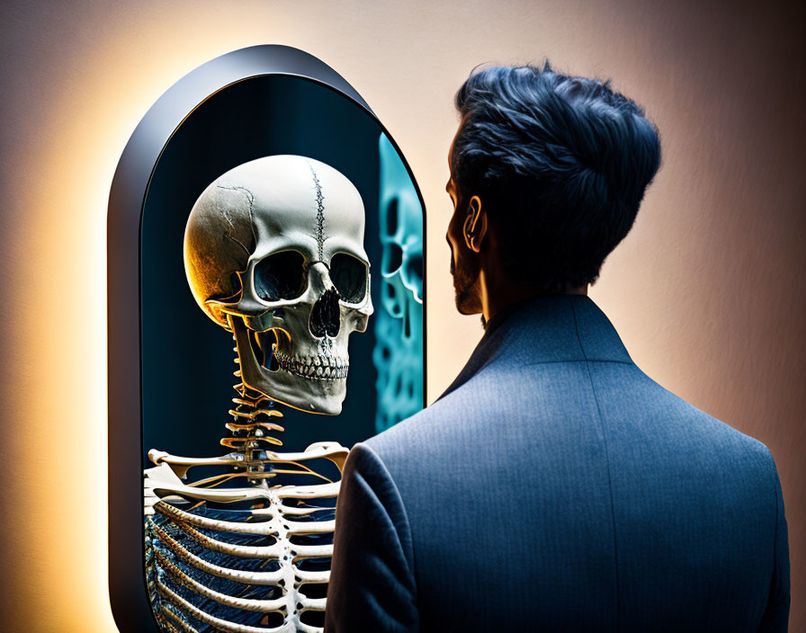 Man in suit sees skeletal reflection in mirror symbolizing introspection.