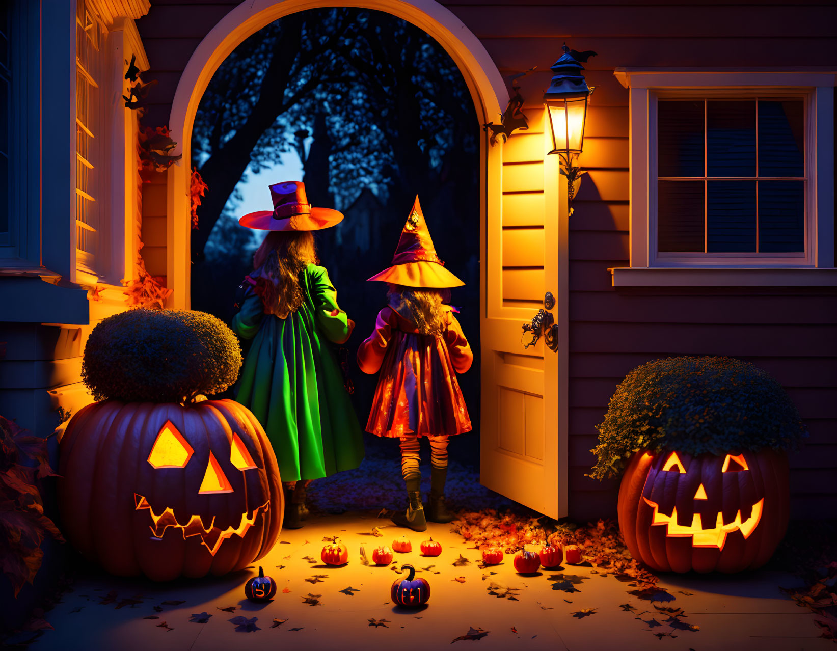 Children in witch costumes with jack-o'-lanterns and apples on Halloween night