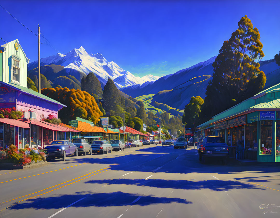 Street scene with shops, cars, and snowy mountains in clear sky