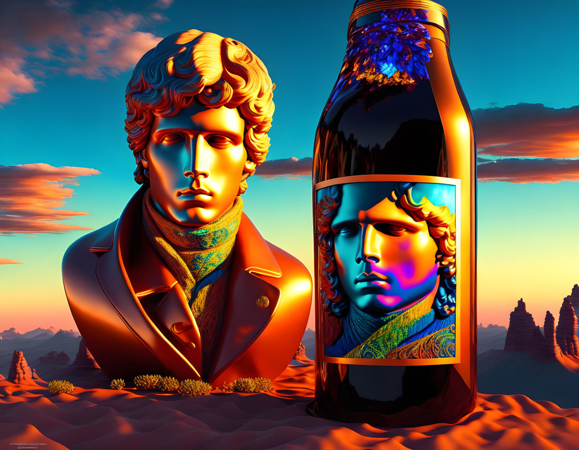 Surreal neon-colored male faces on bust and bottle in desert landscape