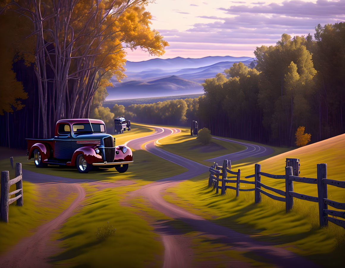 Vintage Car Parked in Serene Landscape with Golden Trees and Rolling Hills