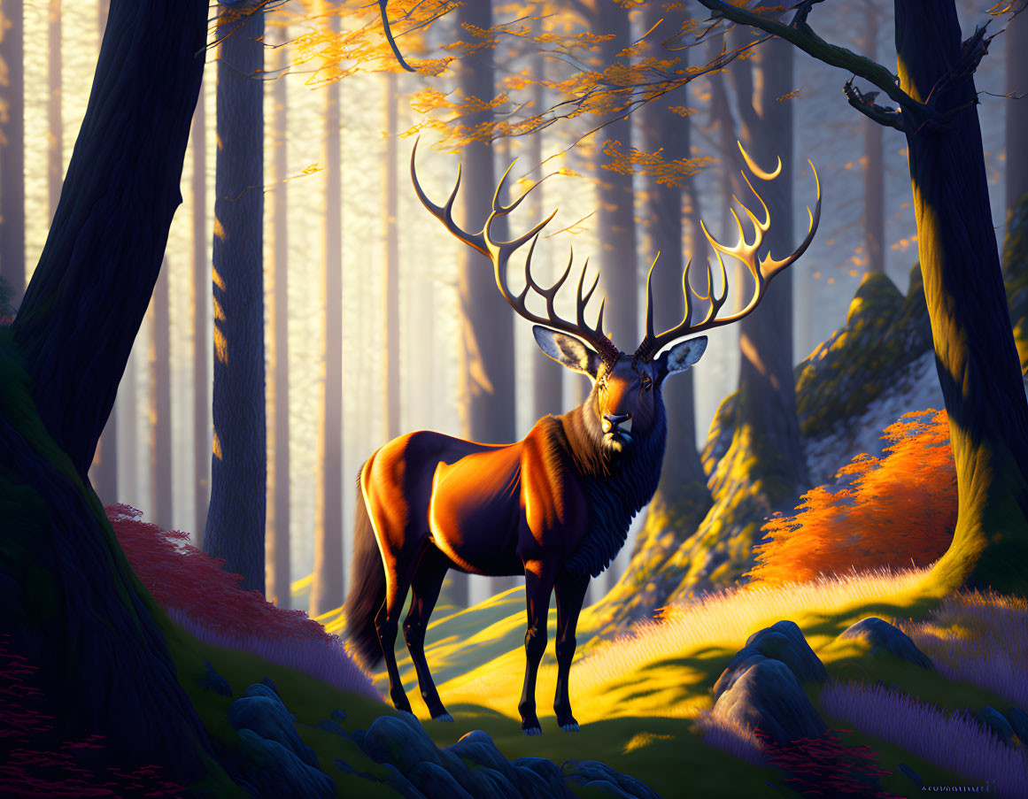 Majestic stag in sunlit forest with golden autumn foliage