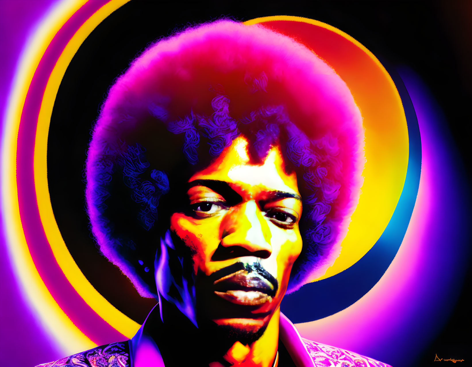 Colorful Psychedelic Portrait of Man with Afro in Vibrant Circles