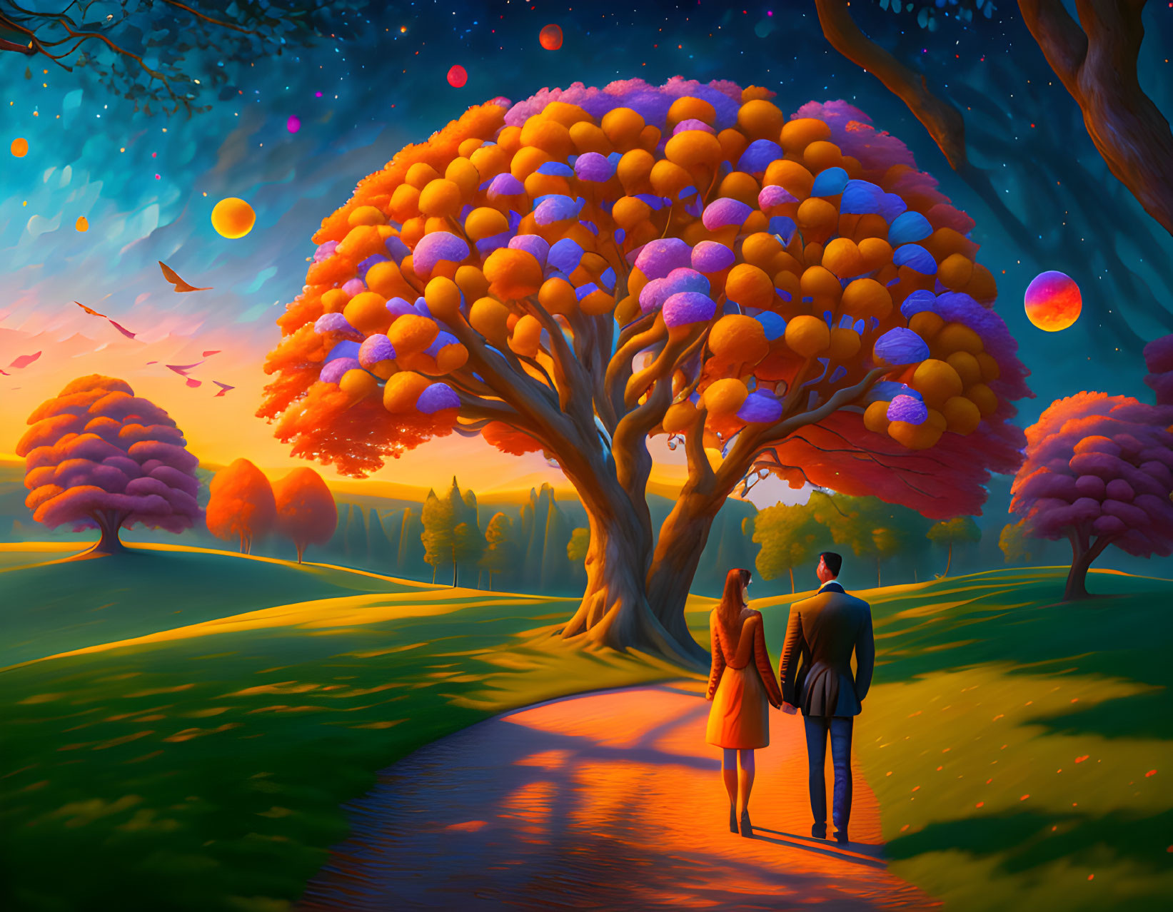 Couple walking in vibrant surreal landscape with colorful trees