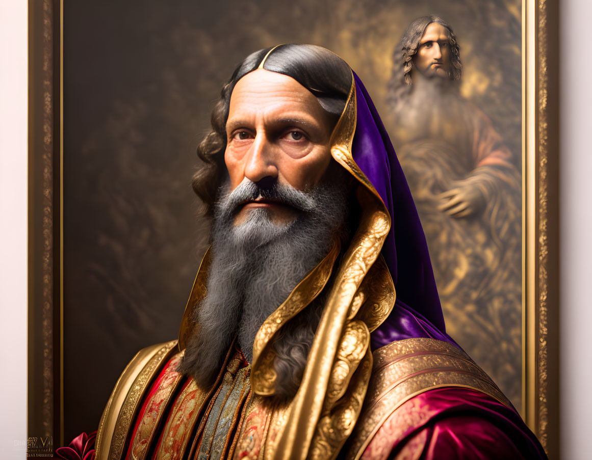 Digital portrait of a bearded man in historical attire next to classical painting