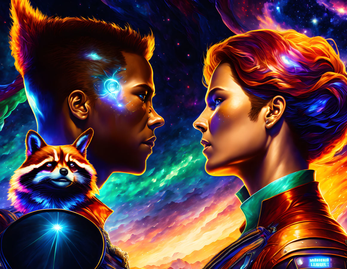 Futuristic characters with glowing markings and red panda in cosmic scene