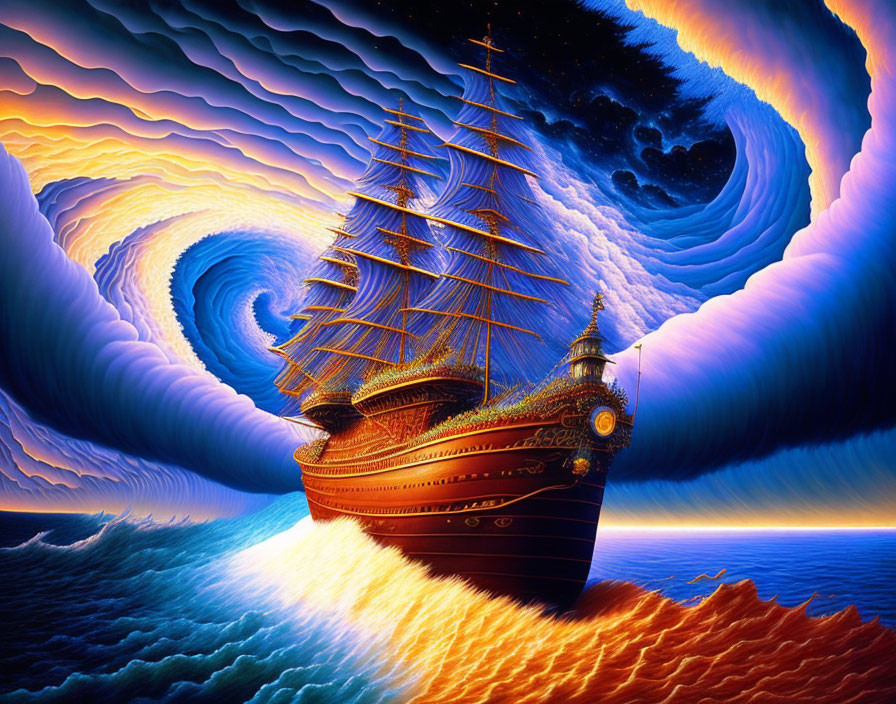 Ornate ship on golden waves with vibrant sky