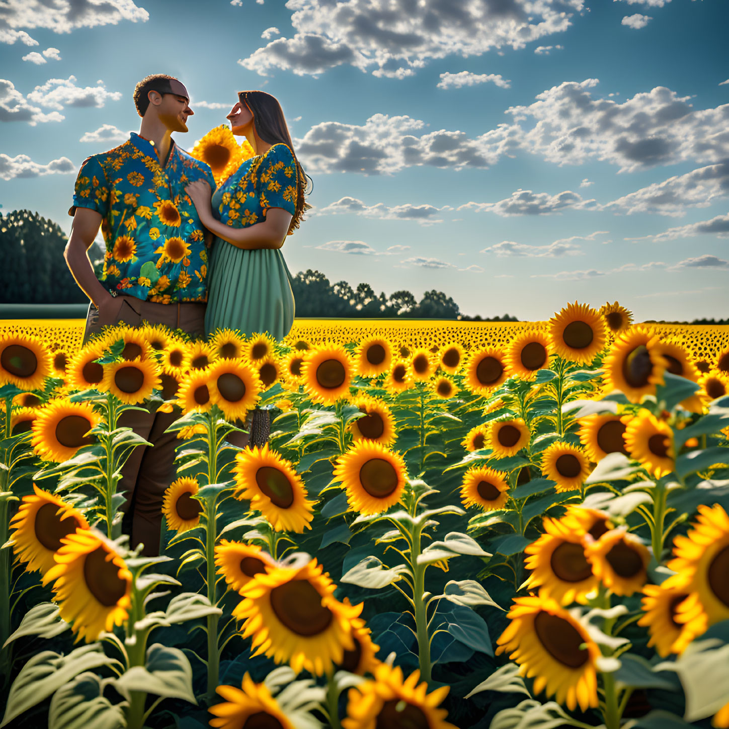 Couple in Sunflower Outfits Surrounded by Field of Sunflowers