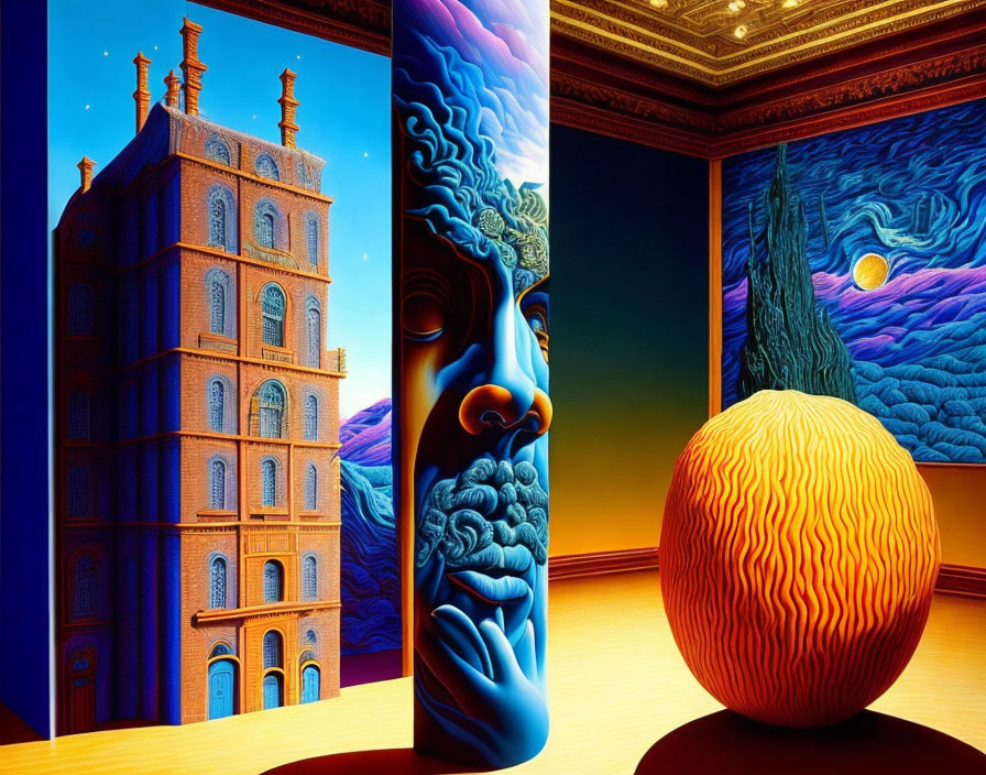 Vibrant tower painting, blue face sculpture, orange sphere, starry night art