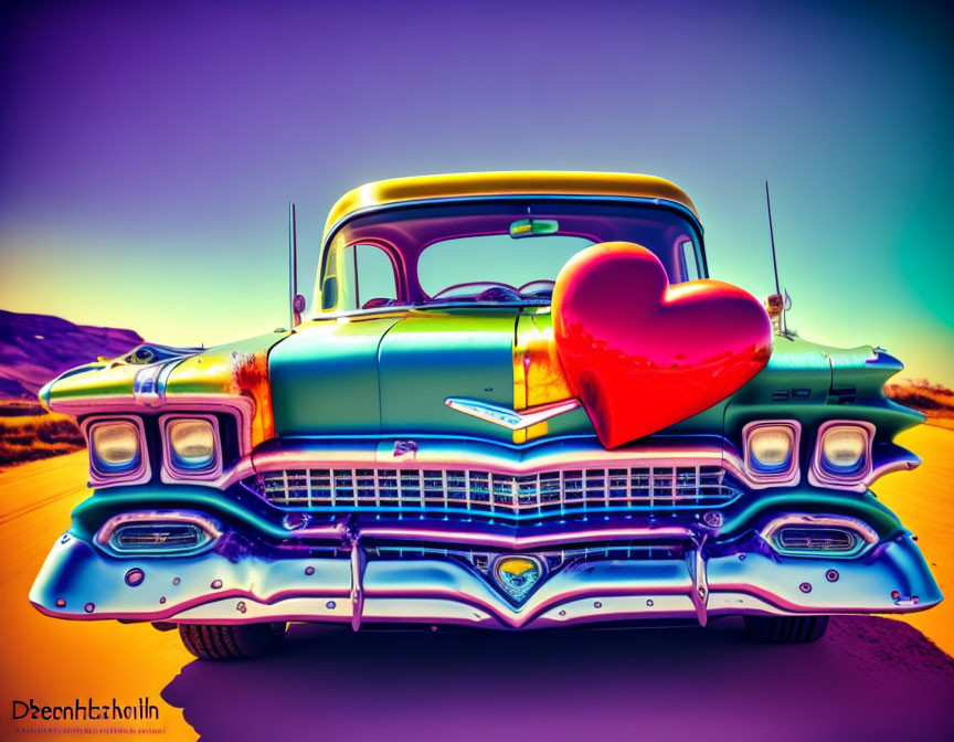 Colorful Classic Car Photo with Red Heart on Desert Background