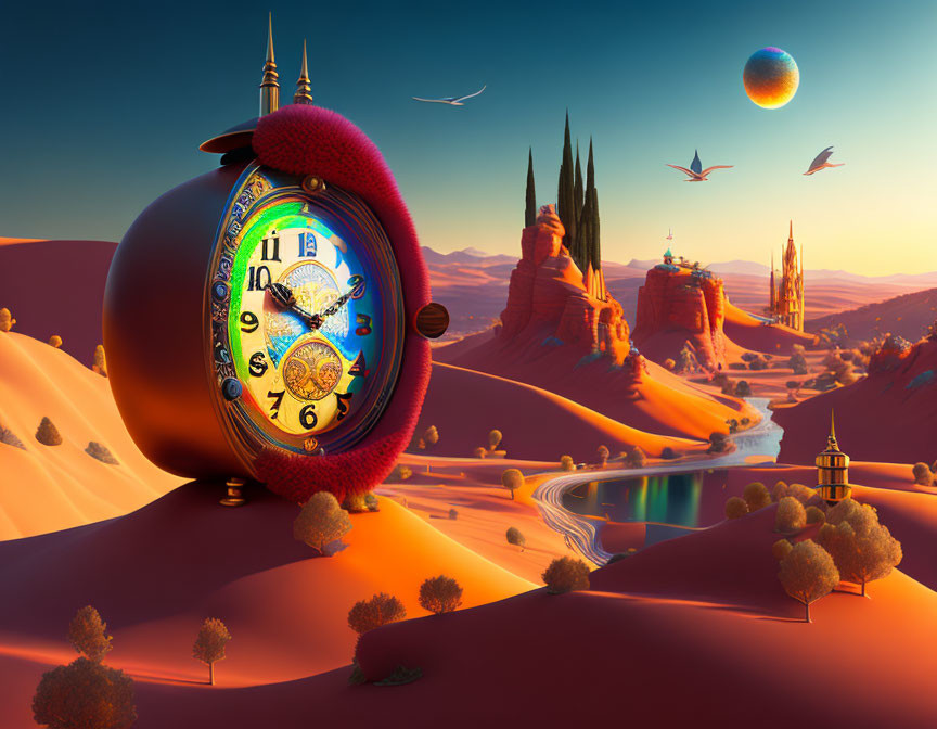 Surreal landscape with giant ornate clock in desert dune