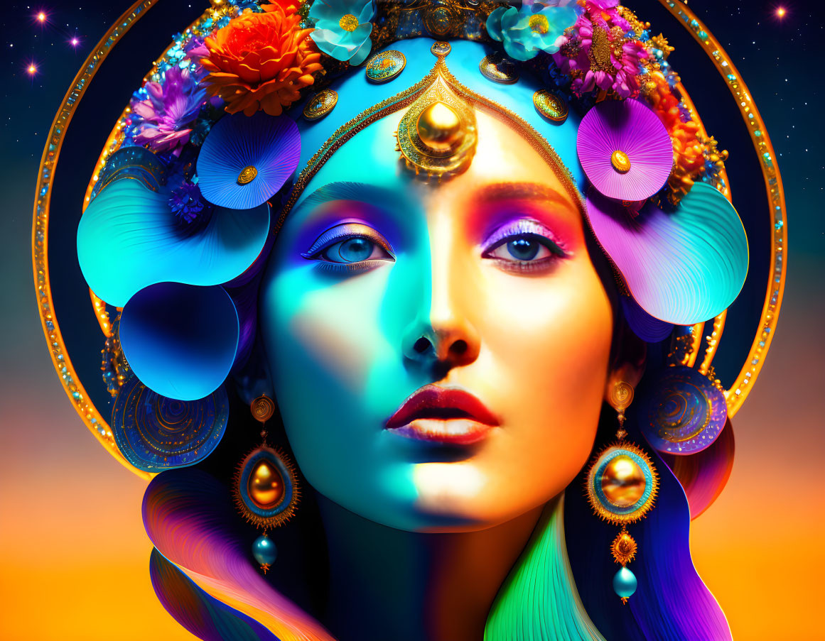 Colorful digital artwork: Woman with intricate floral headpiece on celestial backdrop