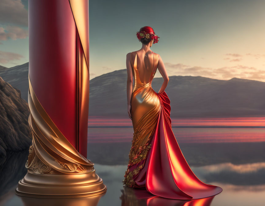 Woman in Red Gown Between Pillars Overlooking Lakeside at Sunset