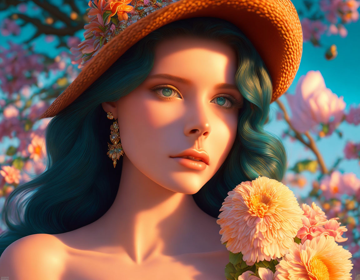 Digital artwork of woman with teal hair and blue eyes in floral hat against pink blooming trees