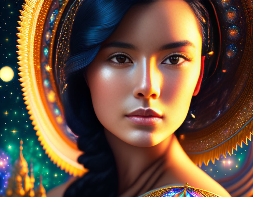 Vivid Cosmic Digital Artwork of Woman in Ornate Celestial Theme