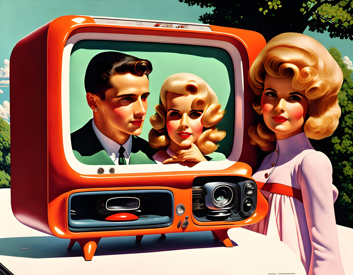 Vintage illustration of man and woman on orange TV screen with smiling woman, mid-20th-century aesthetics