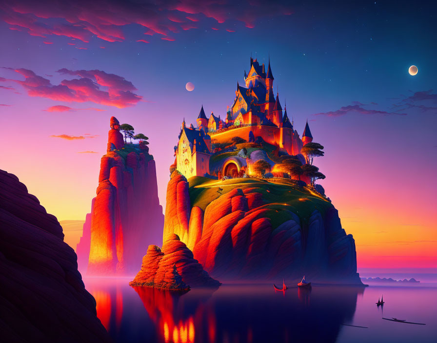 Fantastical castle on terraced hill under two moons overlooking serene sea