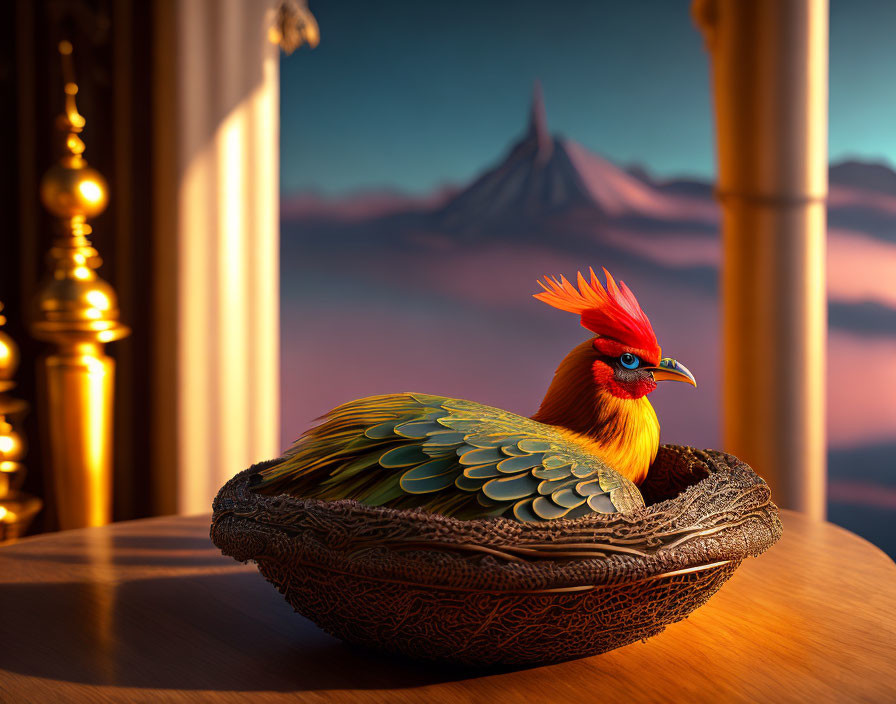 Vibrant bird with red crest in ornate bowl by window with mountain view