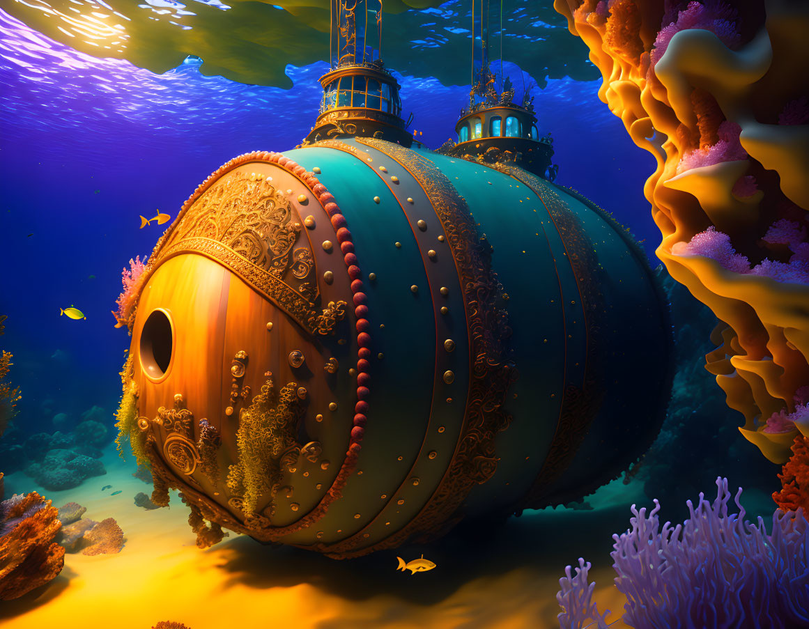 Steampunk-style submarine in colorful coral reef with fish and sunbeams.