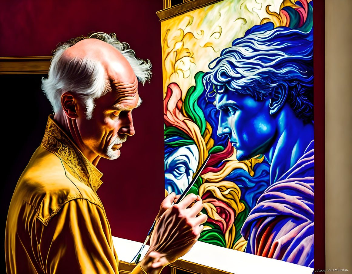 Golden-shirted artist painting vibrant classical figure on canvas