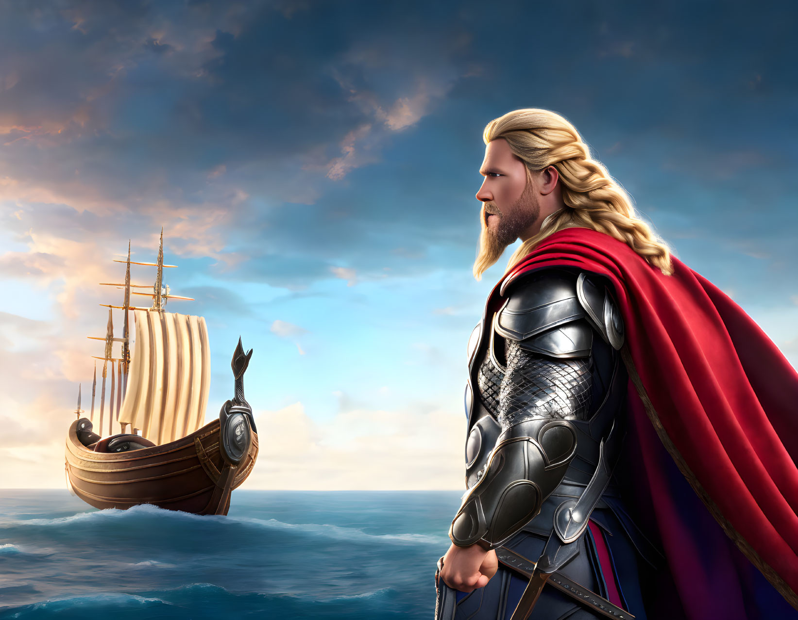 Animated regal figure in armor and red cape gazes at distant ship under dramatic sky