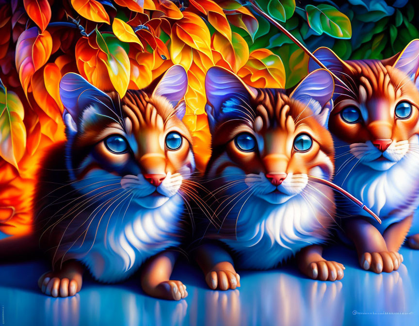 Vividly colored stylized cats with expressive eyes in front of autumn leaves