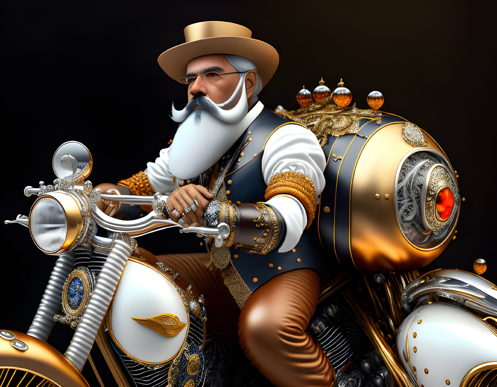 Illustrated man with long white beard on steampunk motorcycle.