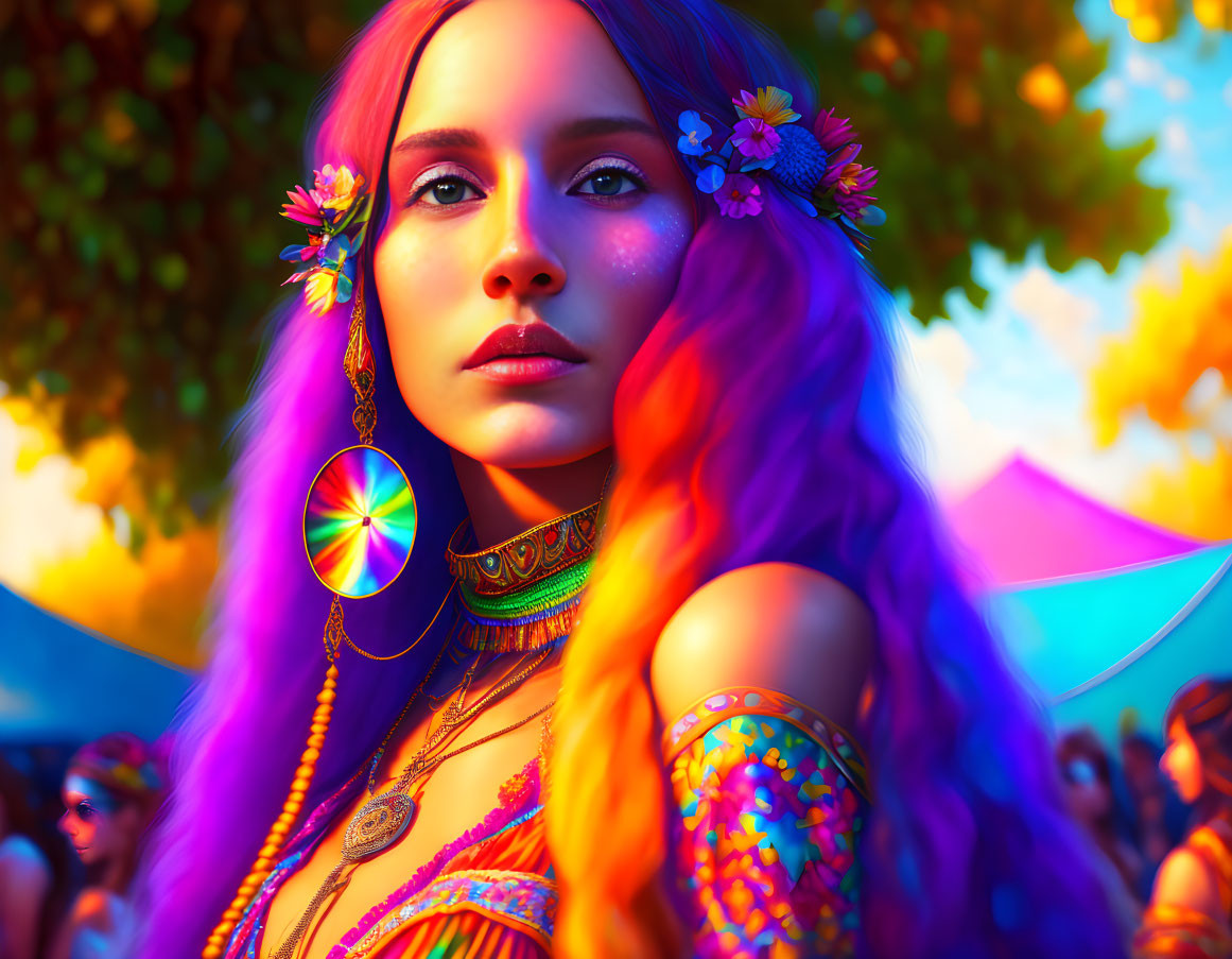 Colorfully dressed woman at festival with vibrant hair, floral accessories, and psychedelic patterns showcasing bohemian