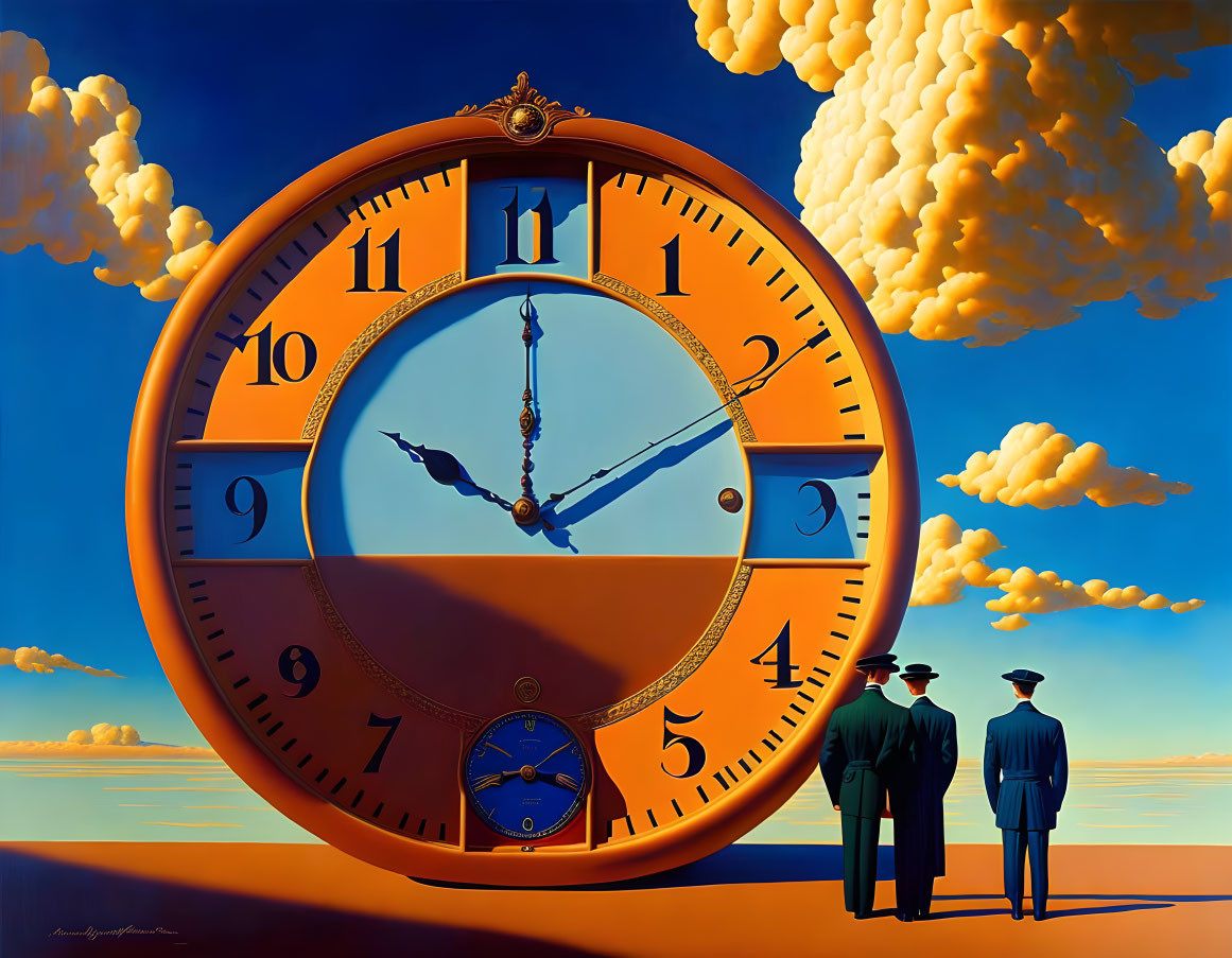 Surrealist painting: Two men, melting clock, blue sky