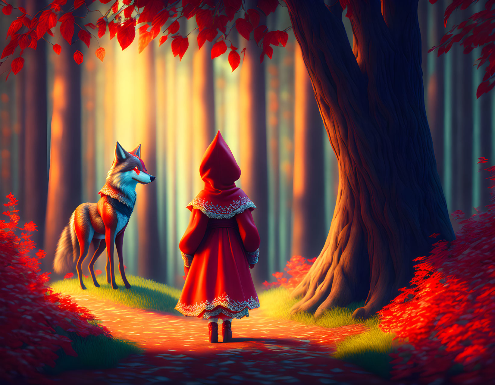 Stylized illustration: Little Red Riding Hood and wolf in vibrant forest