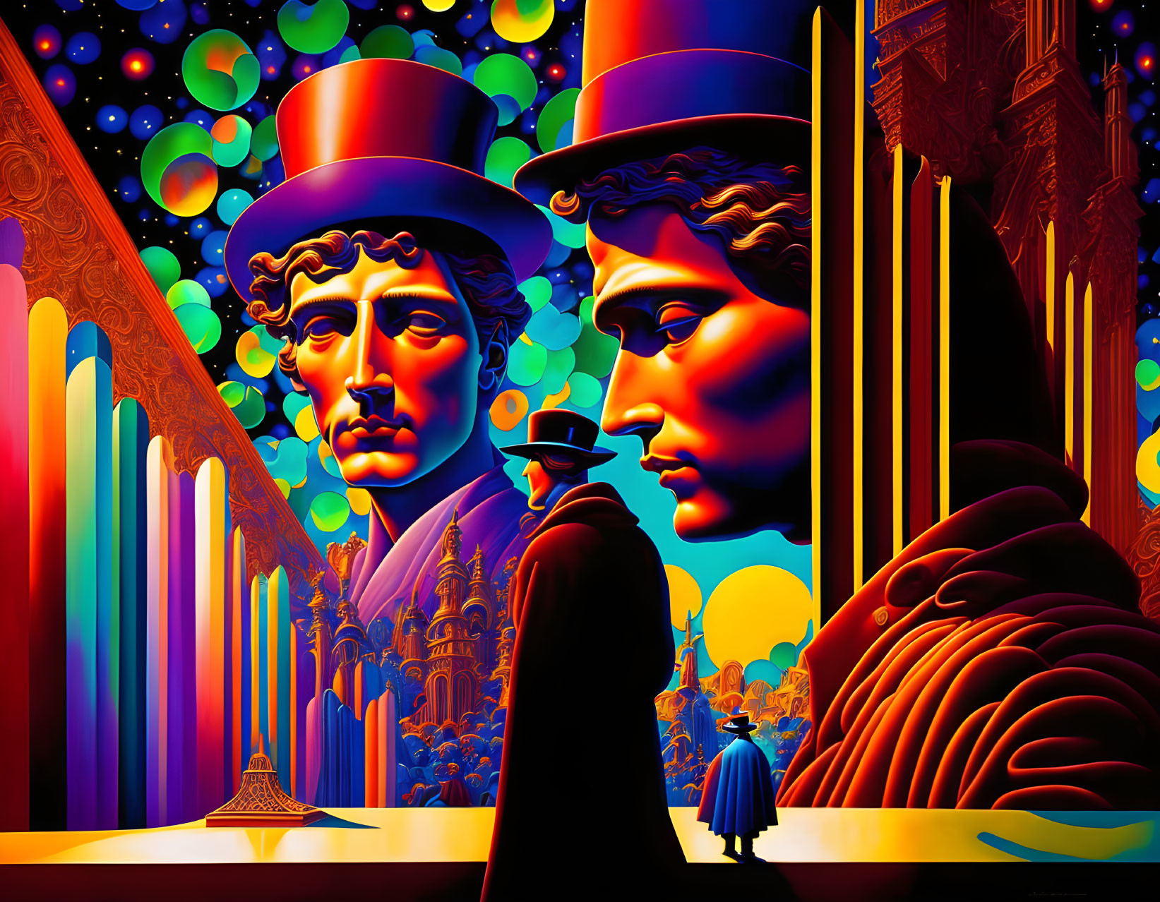 Colorful surreal illustration with stylized portraits and hats in dreamlike setting