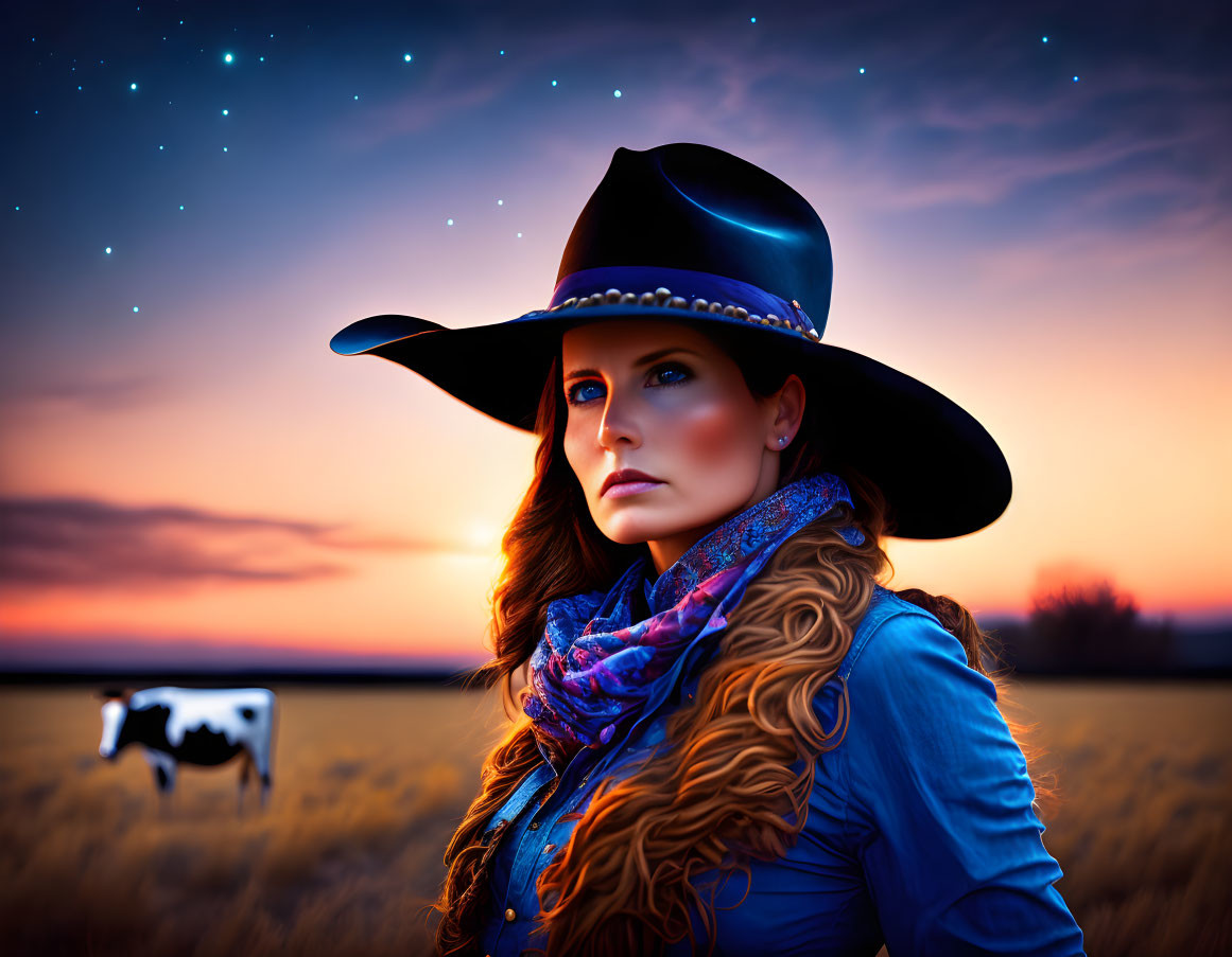 Woman in cowboy hat and blue scarf with cow and sunset in field