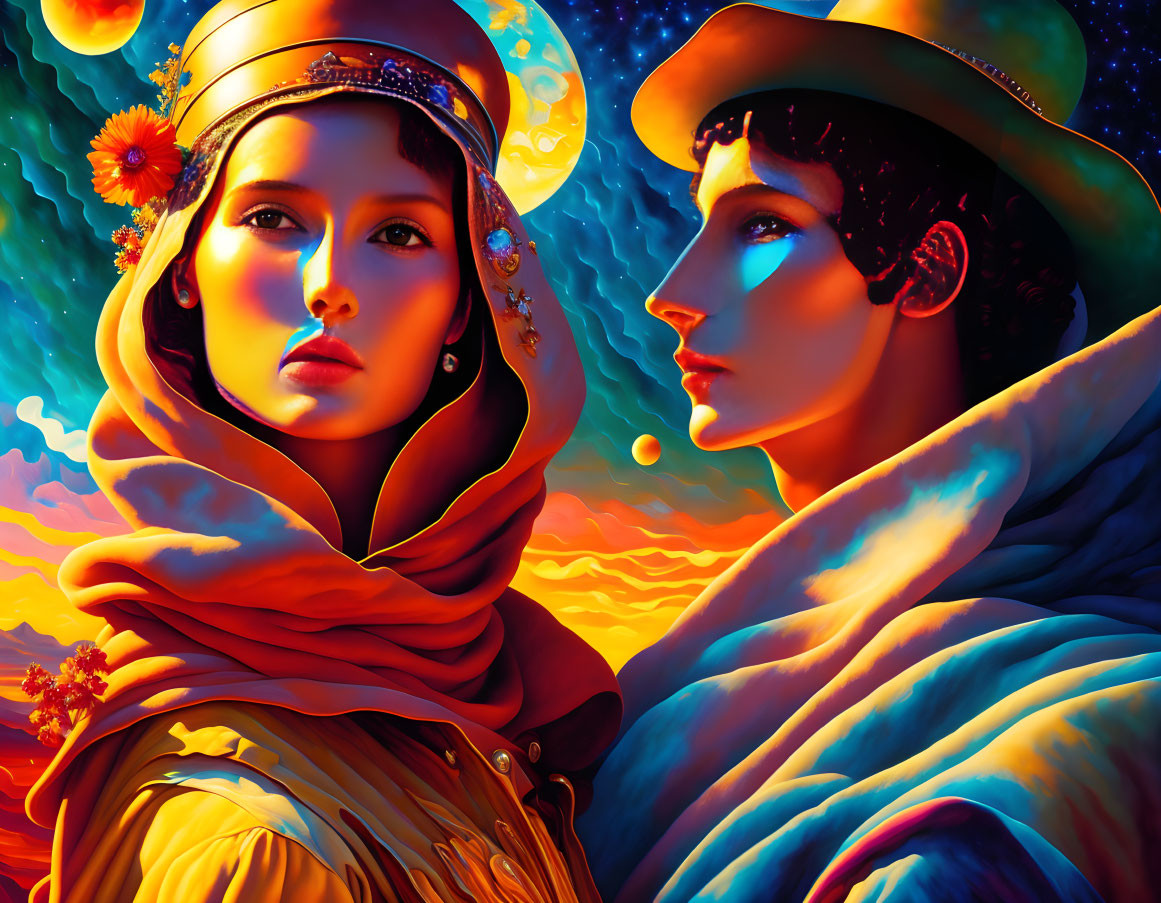 Colorful vintage couple painting with cosmic theme