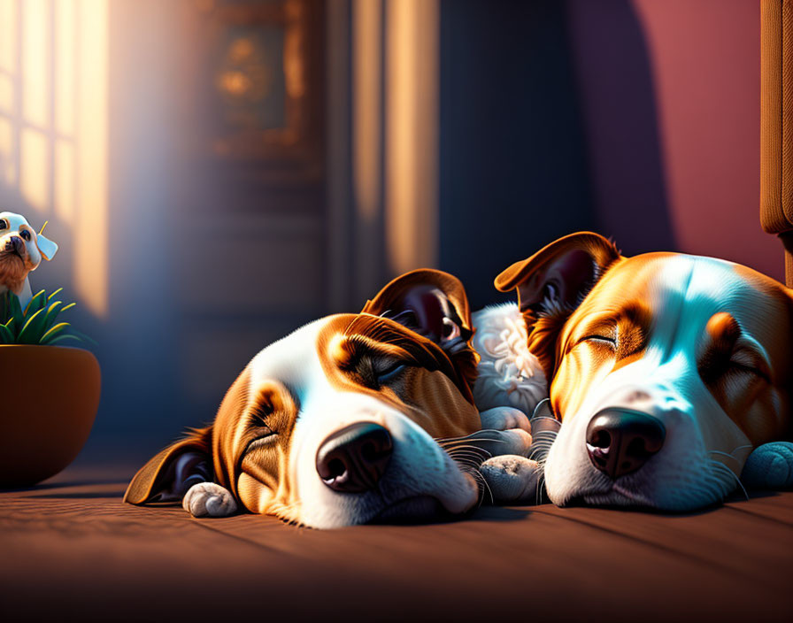 Cartoon dogs sleeping on a sunny couch with a curious pup.