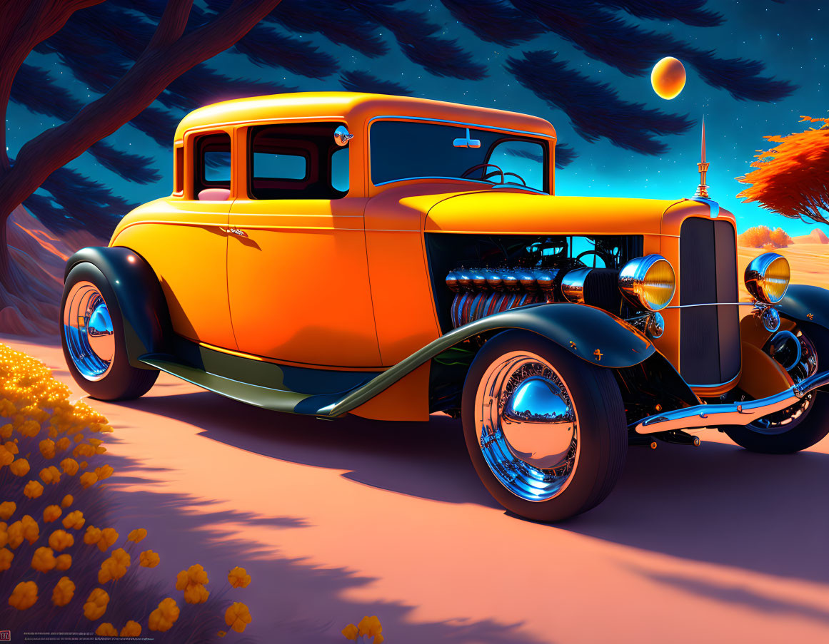 Vintage Orange Car in Surreal Landscape with Blue Trees and Purple Sky