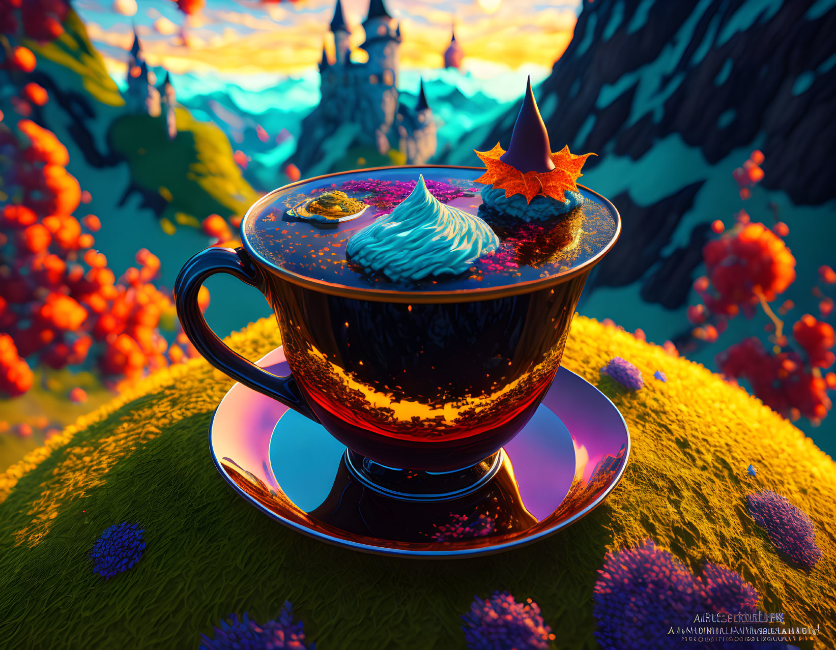 Colorful surreal landscape with giant coffee cup in autumn foliage